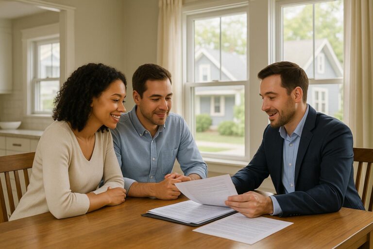 Grand Rapids homebuyers and agent reviewing a Michigan seller disclosure statement in a bright West Michigan kitchen.