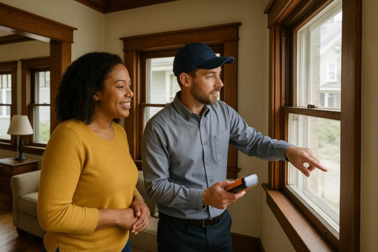 Grand Rapids home buyer and inspector examining window trim for lead-based paint in a bright, older Craftsman-style living room.