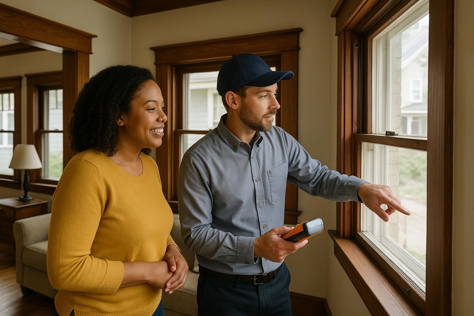 Grand Rapids home buyer and inspector examining window trim for lead-based paint in a bright, older Craftsman-style living room.