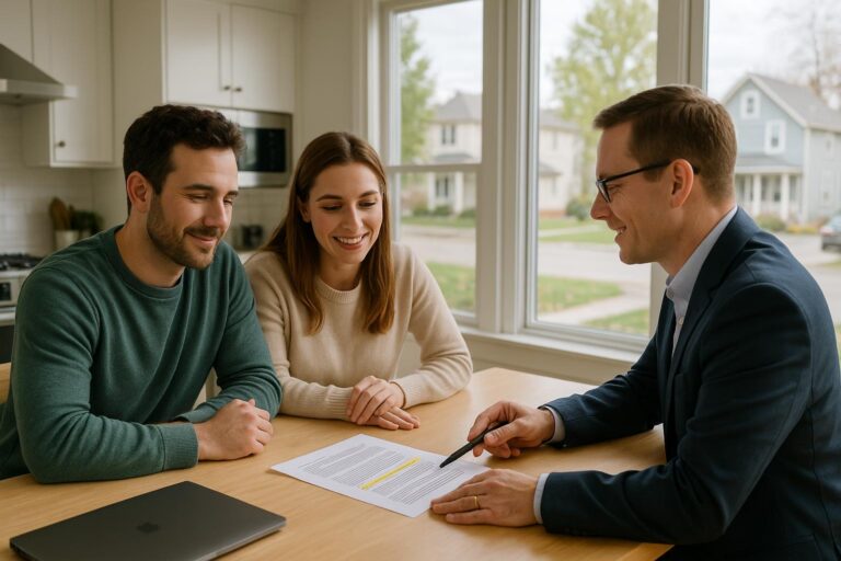 Grand Rapids homebuyers and agent reviewing a property title report with a lien noted in a bright, modern kitchen.