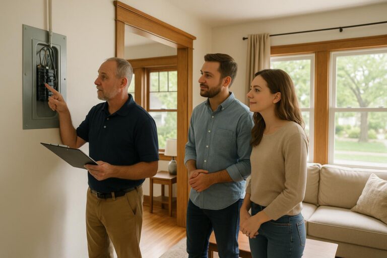 Home inspector and buyers review an older electrical panel in a Grand Rapids living room during a daylight home inspection.