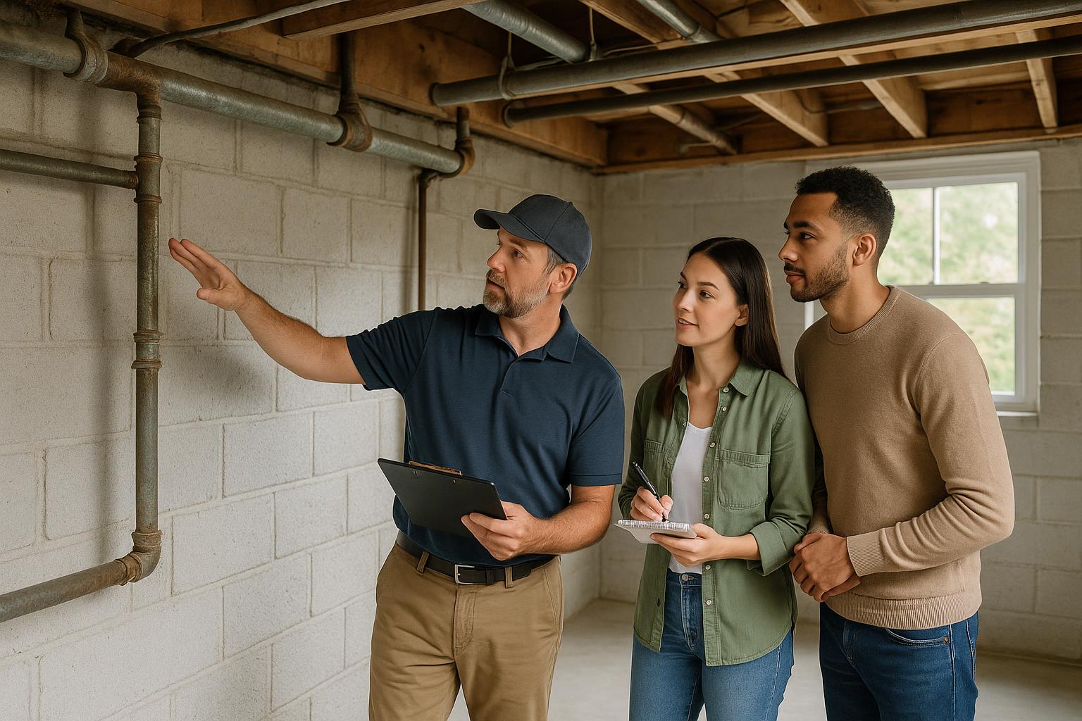 A home inspector and buyers examine old plumbing pipes in a Grand Rapids basement during a daylight inspection.