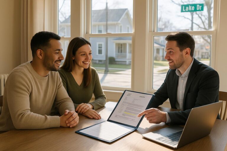 Grand Rapids home buyers reviewing open permit documents with their real estate agent at a bright dining table