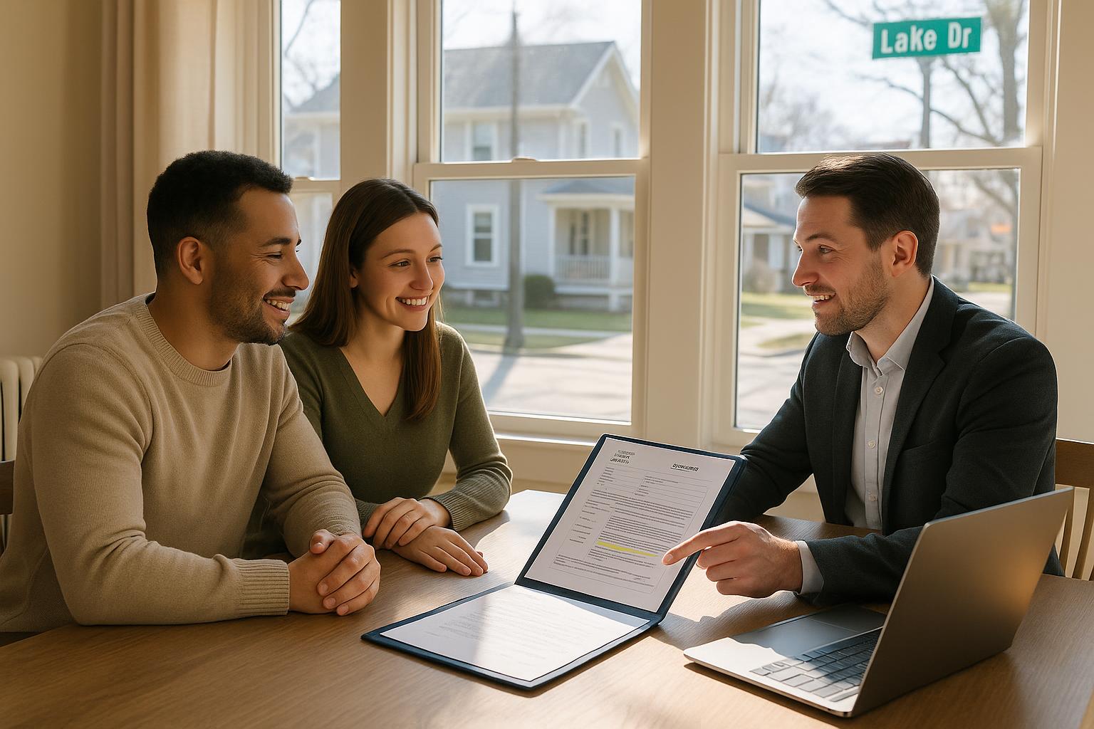 Grand Rapids home buyers reviewing open permit documents with their real estate agent at a bright dining table