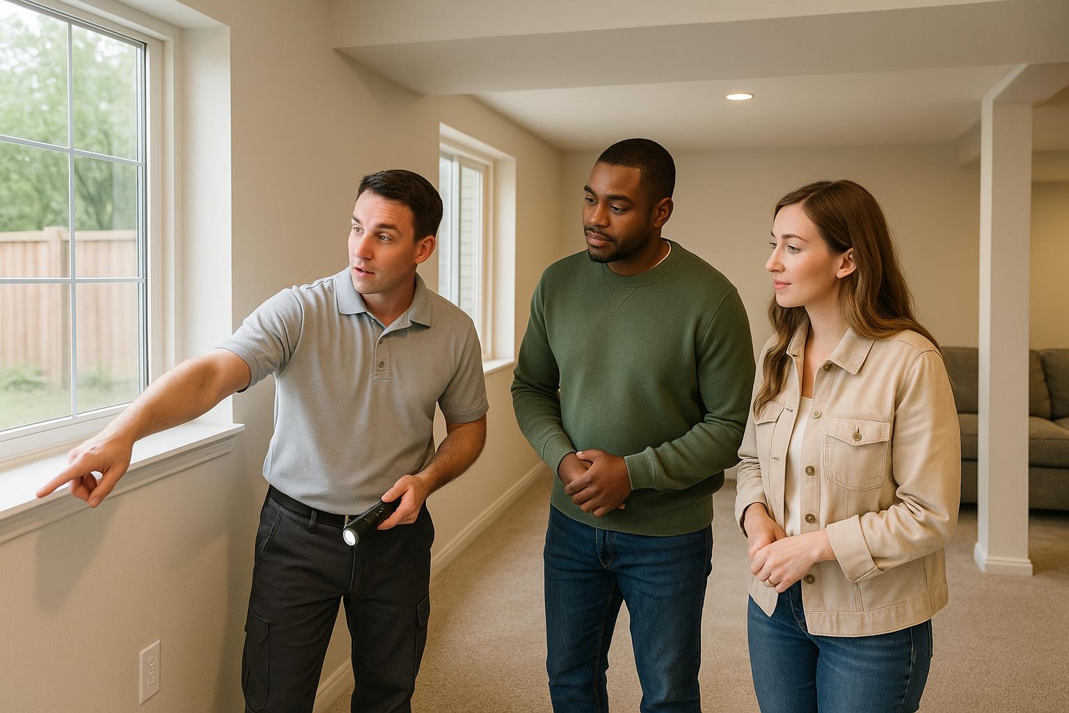 A pest inspector explains findings to a Grand Rapids homebuyer couple during a daylight basement inspection, with everyone calm and attentive in a modern local home.