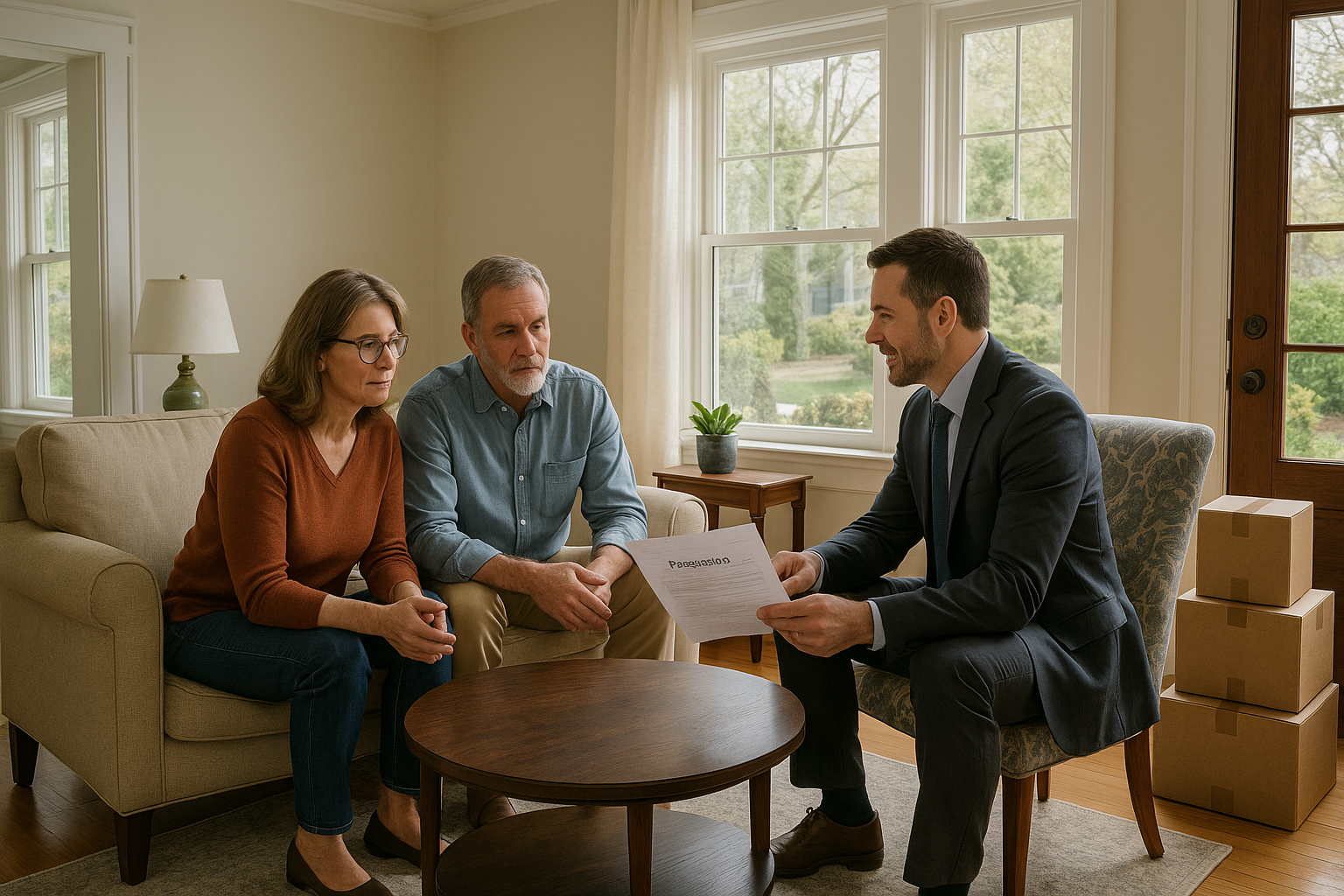 East Grand Rapids homeowners and real estate agent reviewing possession timing details in a sunlit living room with moving boxes.