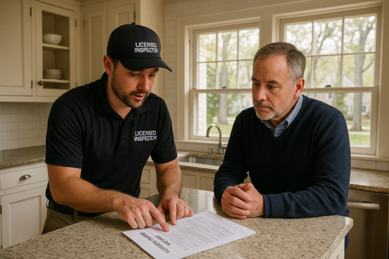 A home inspector and East Grand Rapids homeowner discussing a pre-listing inspection report in the kitchen of a classic older home.