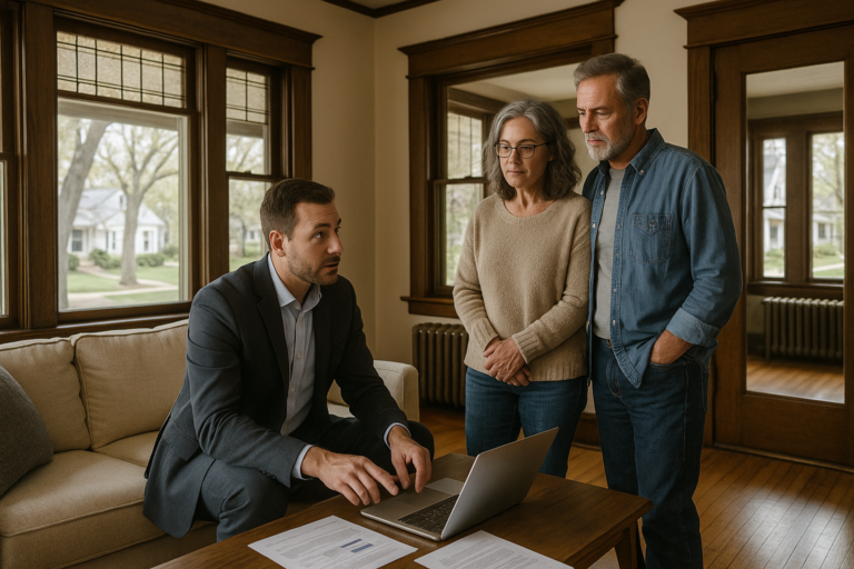Real estate agent and homeowners discussing pricing strategy in the living room of an older East Grand Rapids home with original woodwork and classic charm.