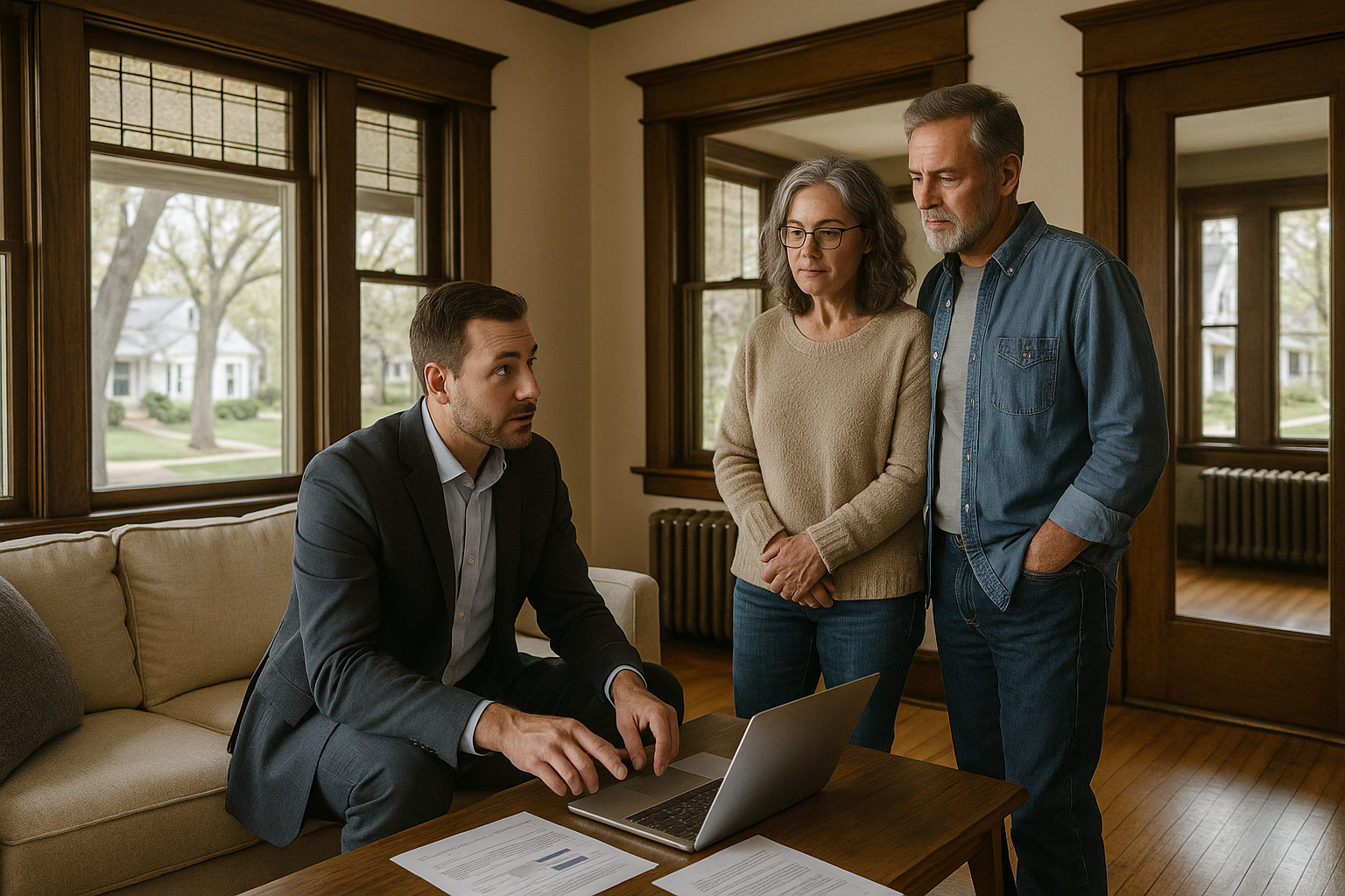 Real estate agent and homeowners discussing pricing strategy in the living room of an older East Grand Rapids home with original woodwork and classic charm.