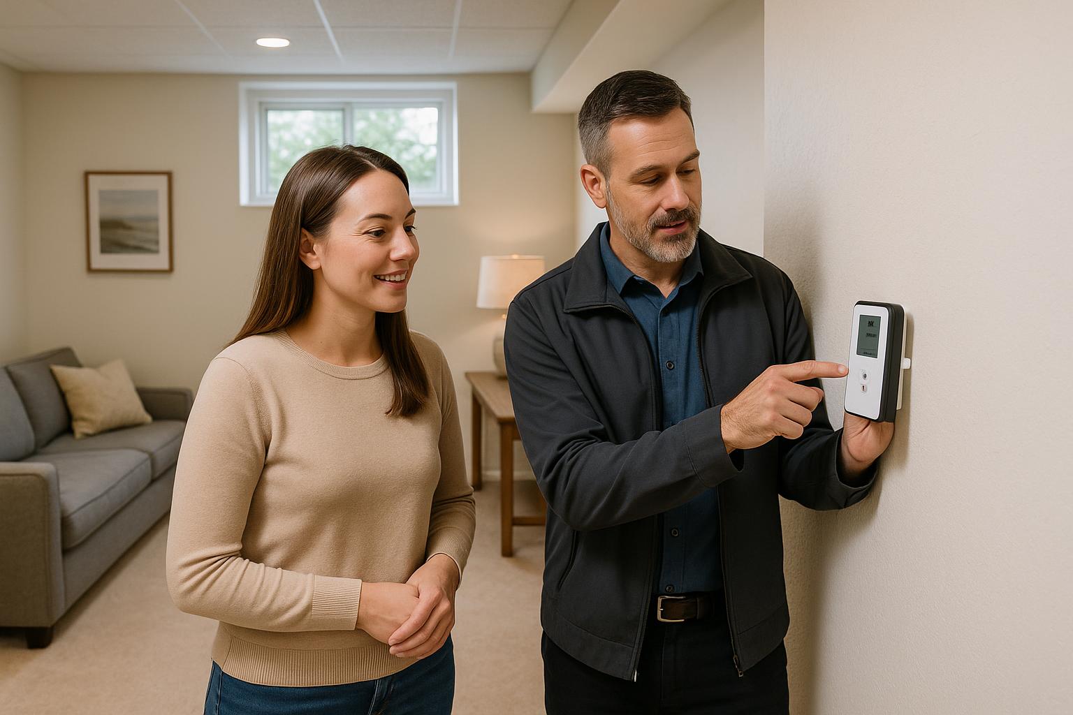 Grand Rapids home buyer and inspector checking radon monitor in a well-lit basement during a home inspection.