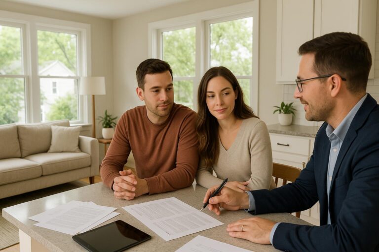 Grand Rapids homebuyers discuss repair credit options with their agent after a home inspection in a bright, modern living room.