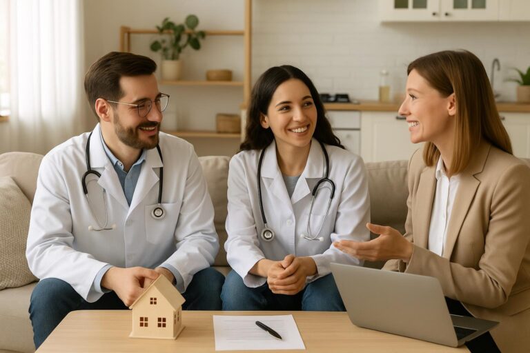 Physician couple and real estate agent planning a home sale and move-up purchase in a bright Grand Rapids home with moving boxes.