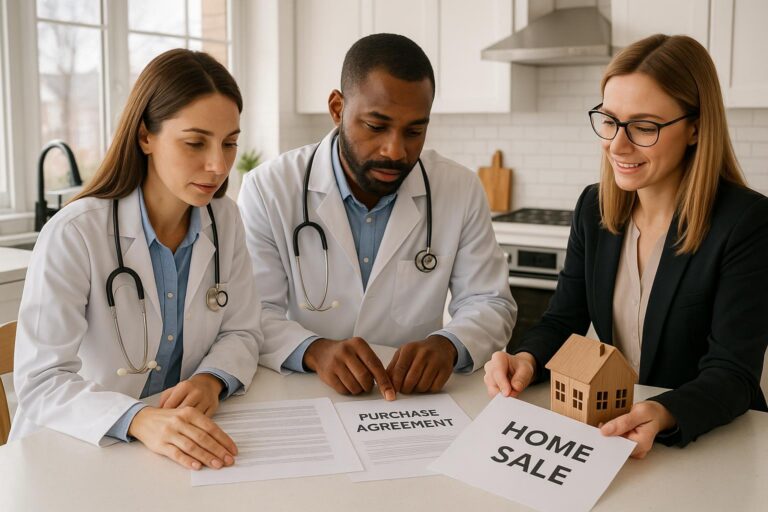 Physician couple and agent discussing selling and buying a larger Grand Rapids home in a bright kitchen with moving boxes.