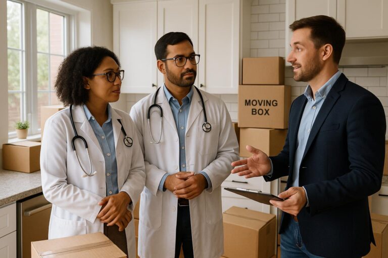 Physician couple discussing move-up home purchase timing with a real estate agent in a bright Grand Rapids kitchen with moving boxes.