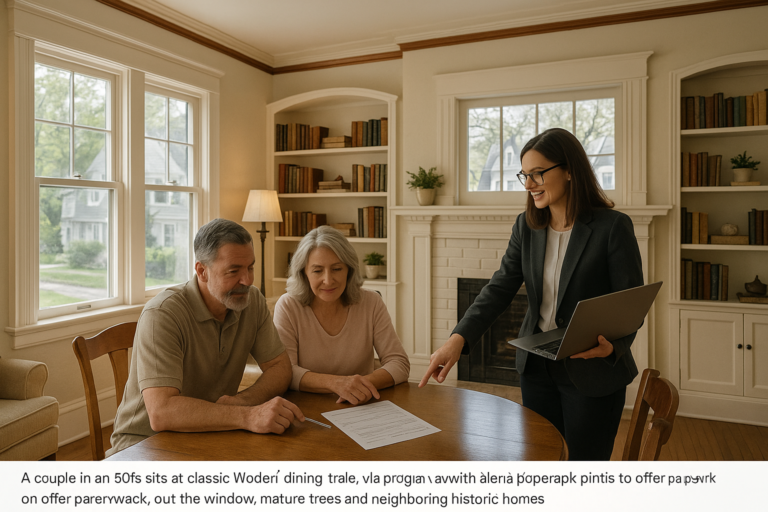 A couple and their agent review offers in a character-filled East Grand Rapids home with original woodwork and mature trees outside.