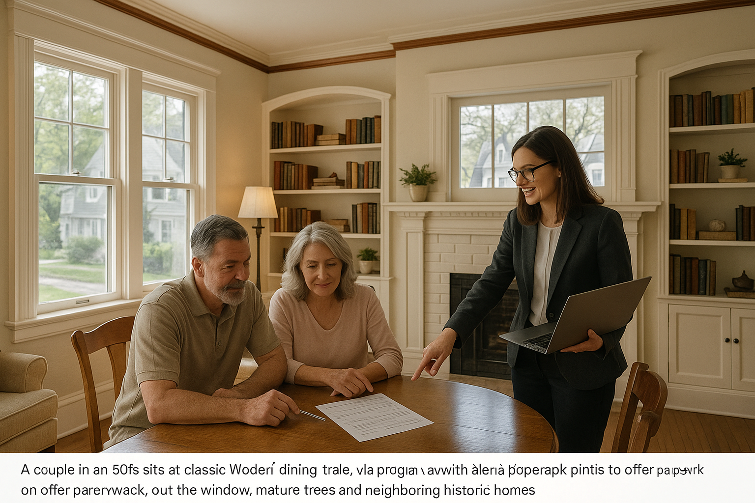 A couple and their agent review offers in a character-filled East Grand Rapids home with original woodwork and mature trees outside.