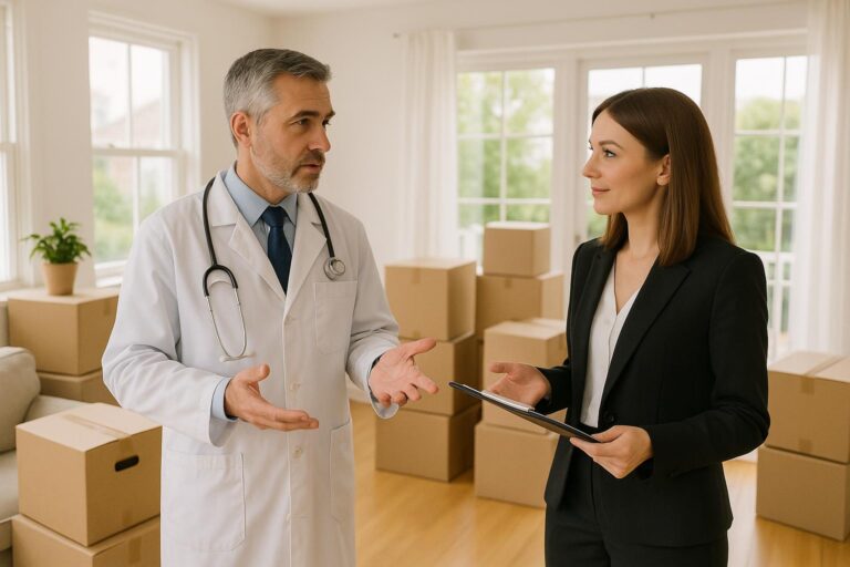 Physician seller and real estate agent discussing home sale timing and relocation plans in a bright Grand Rapids home with moving boxes nearby.