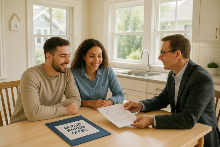 A Grand Rapids homebuyer couple meets with their agent at a sunny kitchen table to discuss seller concessions and closing costs.