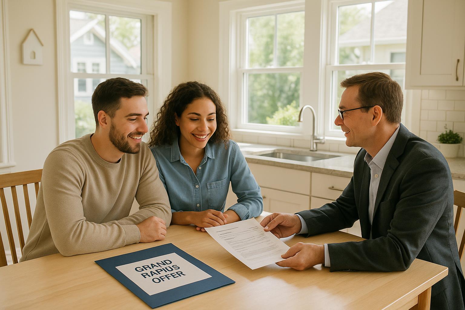 A Grand Rapids homebuyer couple meets with their agent at a sunny kitchen table to discuss seller concessions and closing costs.
