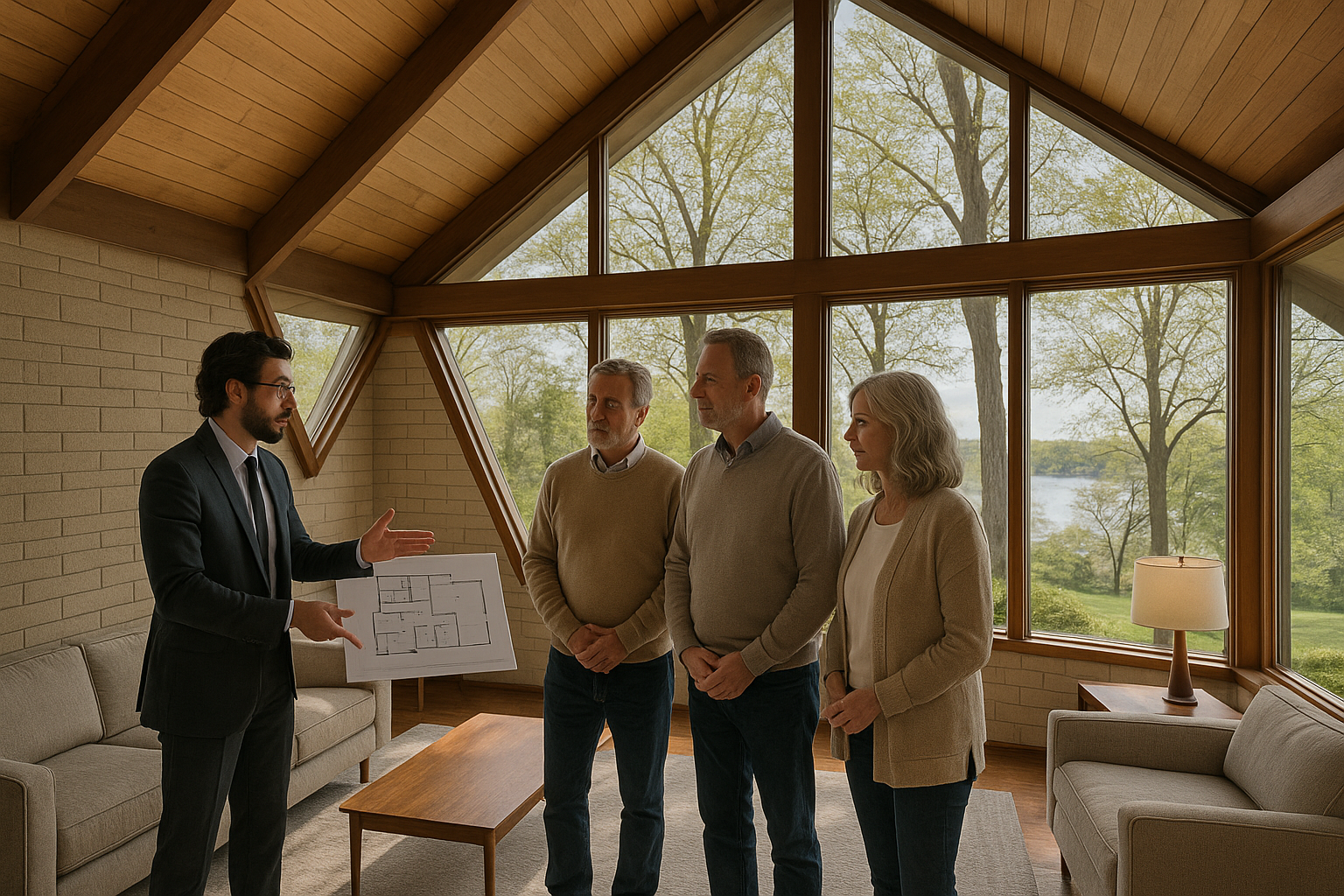 Agent and sellers review options in a mid-century modern East Grand Rapids home with a unique layout and Reeds Lake visible through the windows.