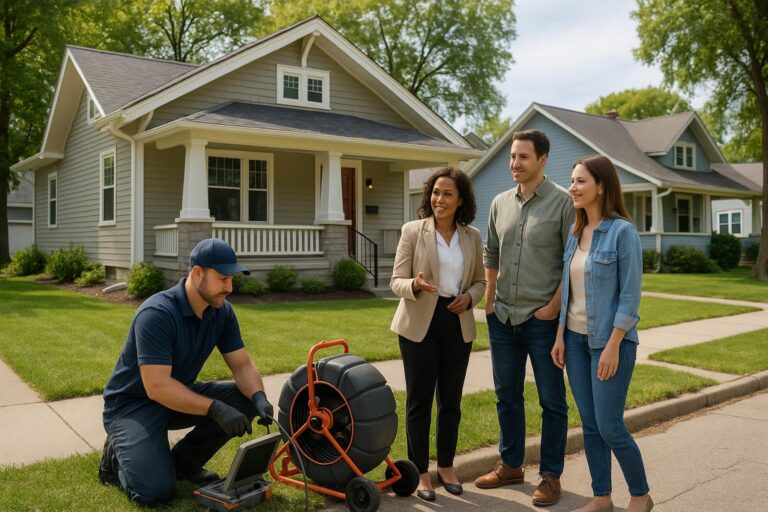 Grand Rapids home buyers and agent watching a sewer inspector prepare to scope the sewer line outside a classic West Michigan bungalow.