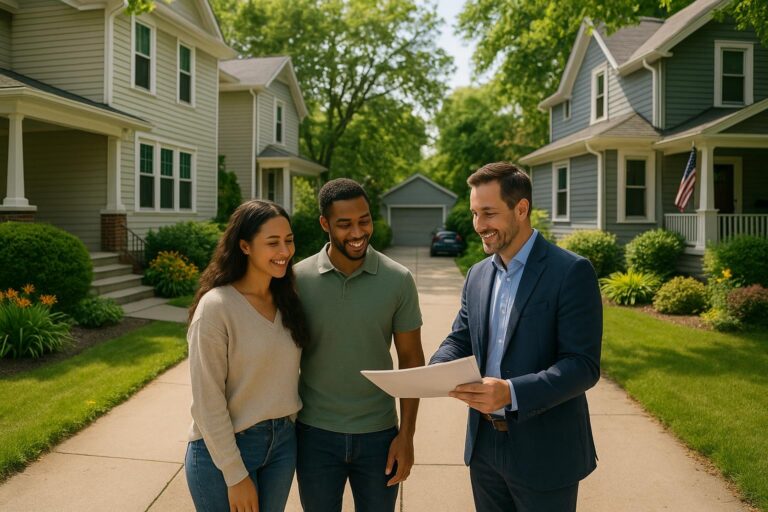 A Grand Rapids real estate agent and buyers review shared driveway documents outside two neighboring homes on a sunny day.