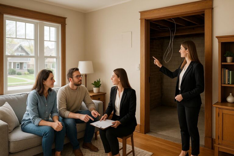 Grand Rapids home buyers and agent reviewing basement wiring and missing permit in a typical West Michigan house.
