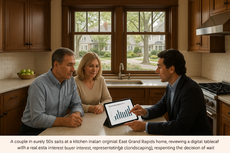 East Grand Rapids homeowners and agent reviewing buyer showing data in a classic kitchen with mature trees and historic homes visible outside.