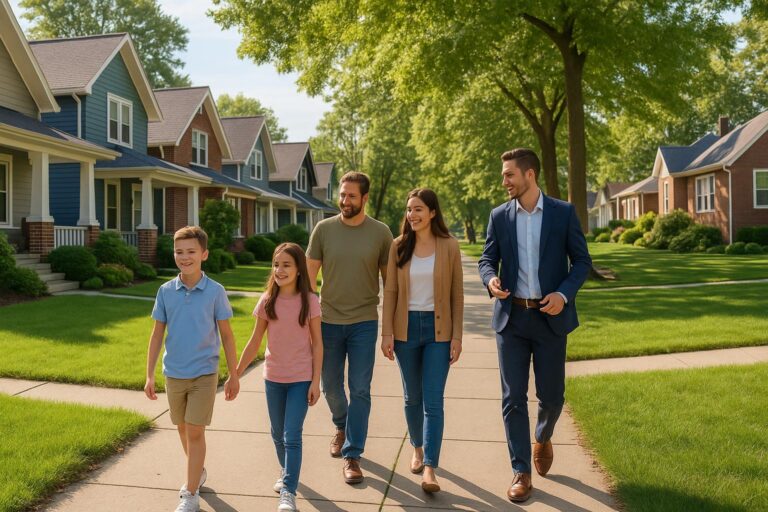 A family with two children tours a quiet Grand Rapids neighborhood with their real estate agent.
