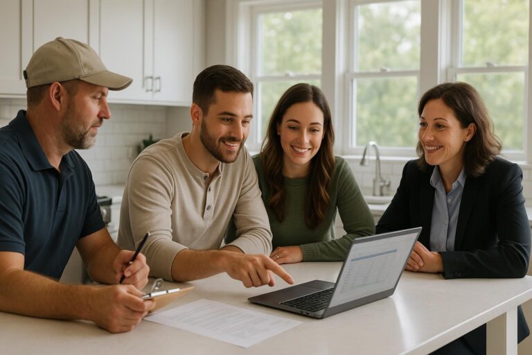 Grand Rapids homebuyers and their agent review renovation costs and inspection notes with a contractor in a bright, welcoming kitchen.