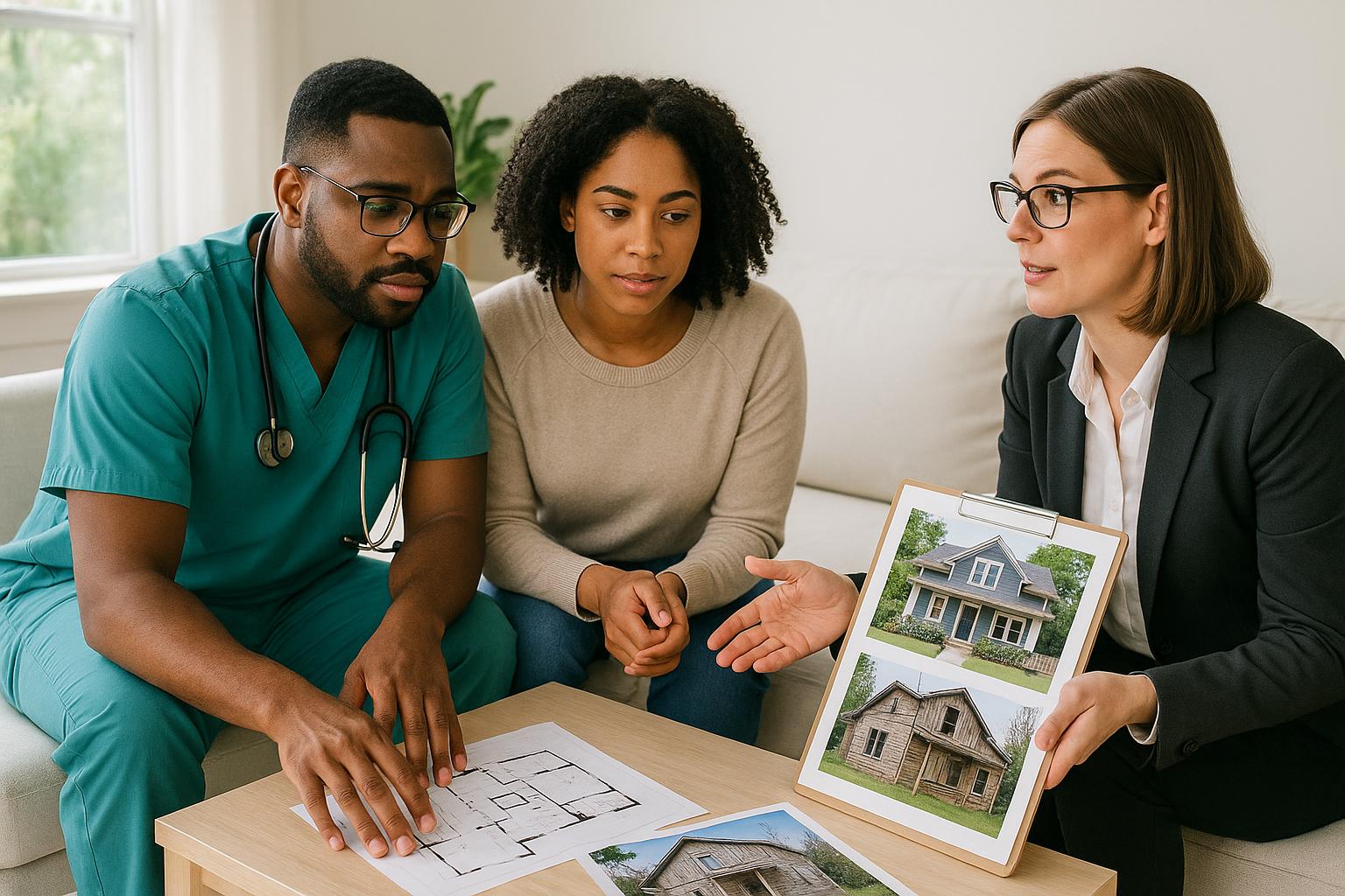 Physician couple and agent in bright Grand Rapids home comparing finished and renovation-ready options