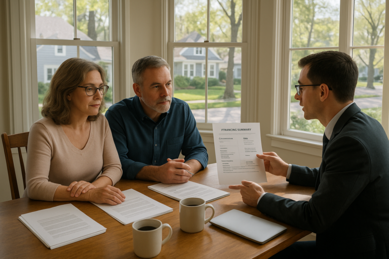 East Grand Rapids homeowners and their agent reviewing buyer financing options at a dining table with offer packets and neighborhood views.