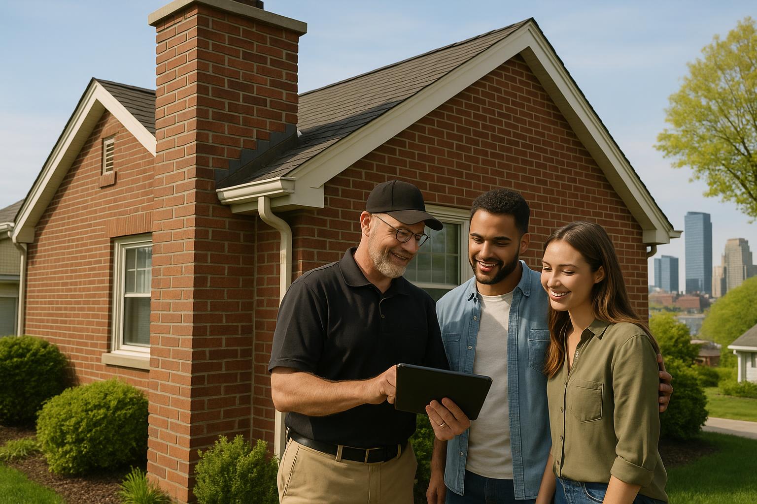 A home inspector and buyers review a chimney inspection on a Grand Rapids house in bright daylight.