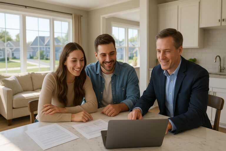 A Grand Rapids couple and agent review mortgage options at a kitchen island, comparing loan details on a laptop in a sunny West Michigan home.