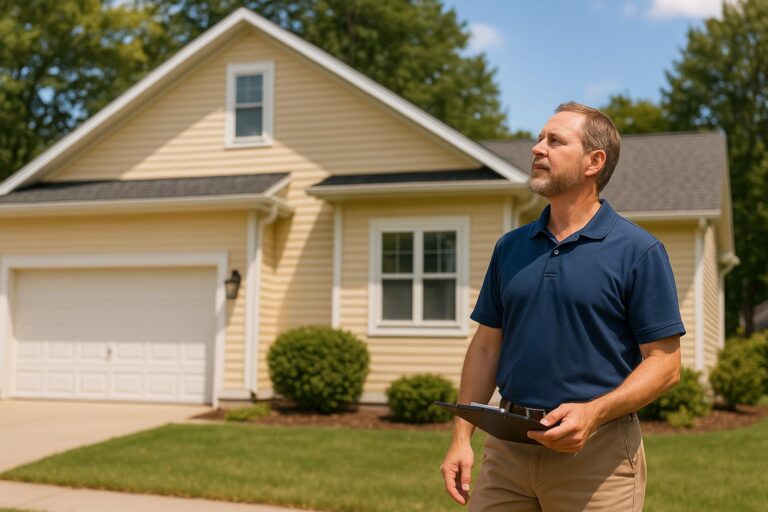 A Home Watch professional meets a contractor with a toolbox at the front porch of a West Michigan home to discuss scheduled repairs.