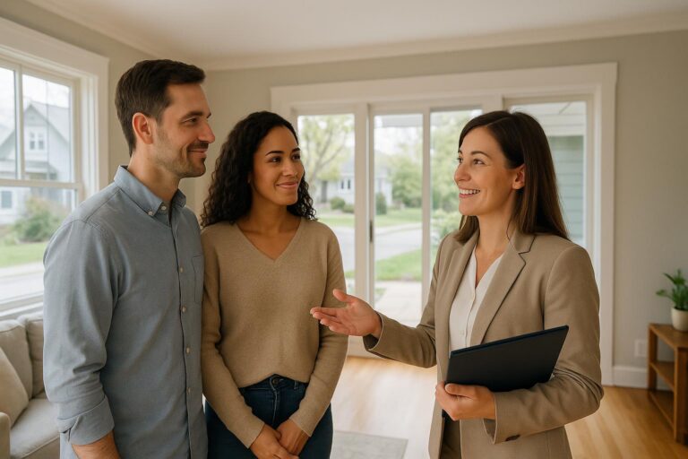 Real estate agent and buyers discussing earnest money in a bright Grand Rapids living room