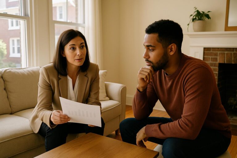 First-time homebuyers and a real estate agent discuss earnest money in a Grand Rapids living room.