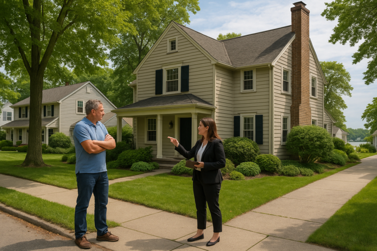 East Grand Rapids homeowner and listing agent inspecting a painted siding home’s exterior for maintenance before listing, with mature trees and Reeds Lake nearby.