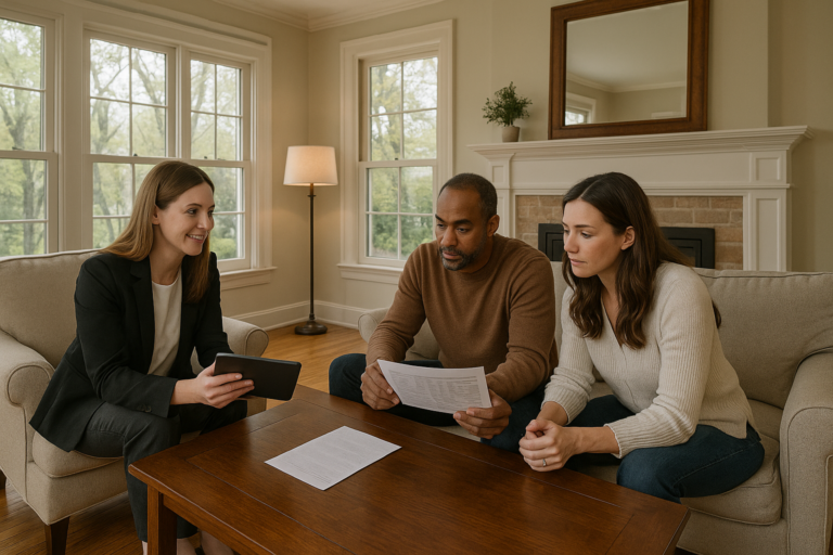 East Grand Rapids homeowners and agent reviewing pricing strategies in a classic living room with few recent comparable sales.