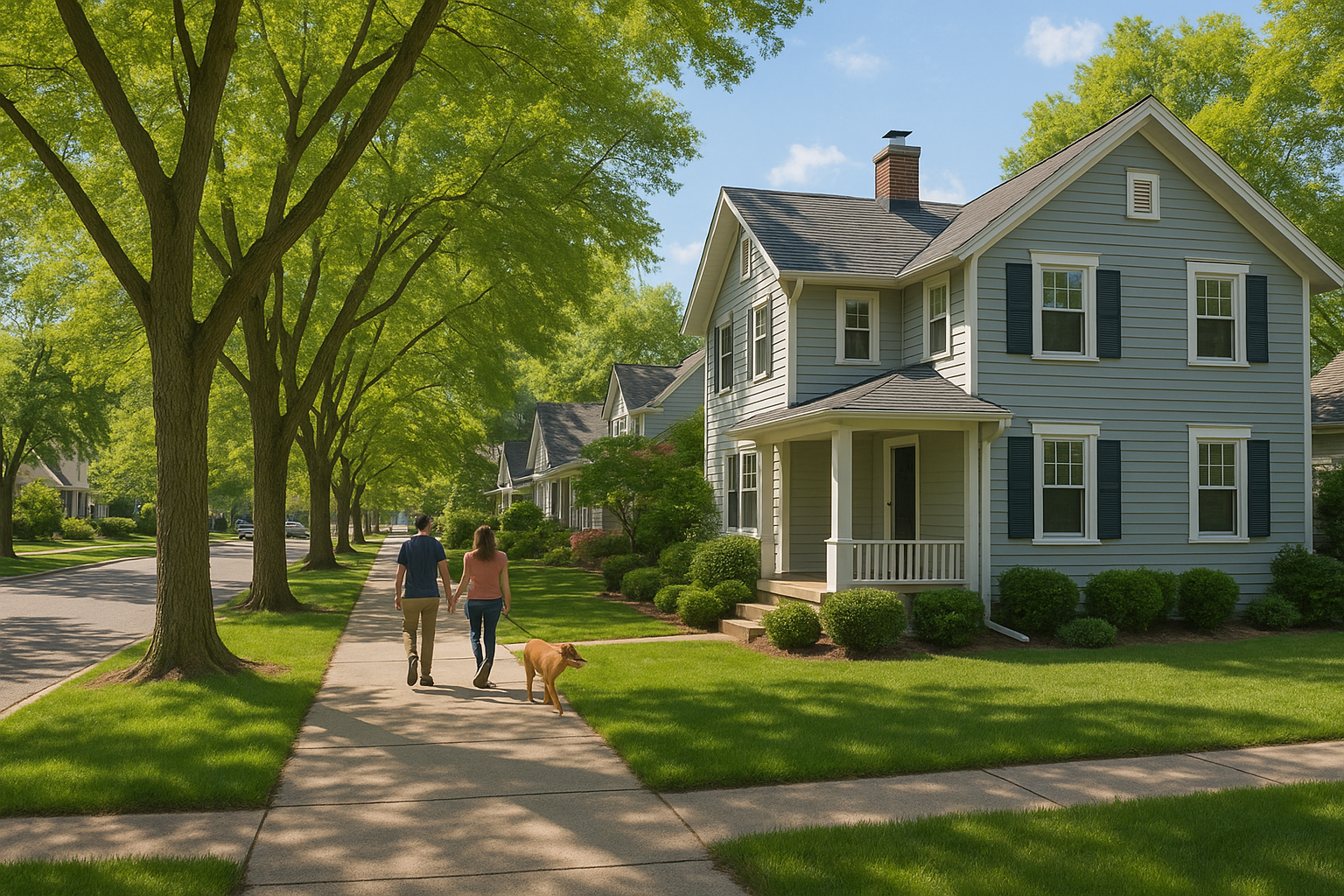 A couple walking their dog on a sunny, tree-lined street in East Grand Rapids with sidewalks and classic homes.