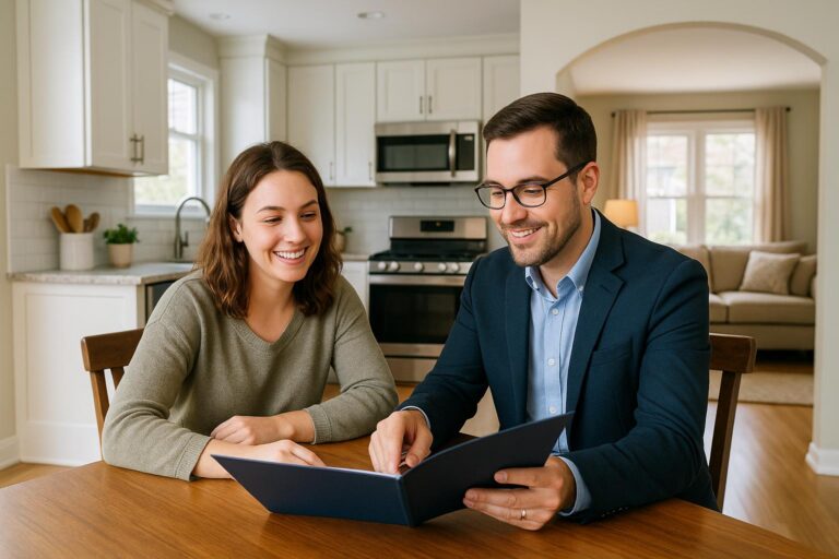 First-time homebuyer and Grand Rapids agent discussing escrow accounts in a bright kitchen.