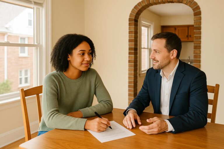 First-time homebuyers and their agent doing a final walkthrough in an empty, sunlit Grand Rapids living room, checking appliances and lights.