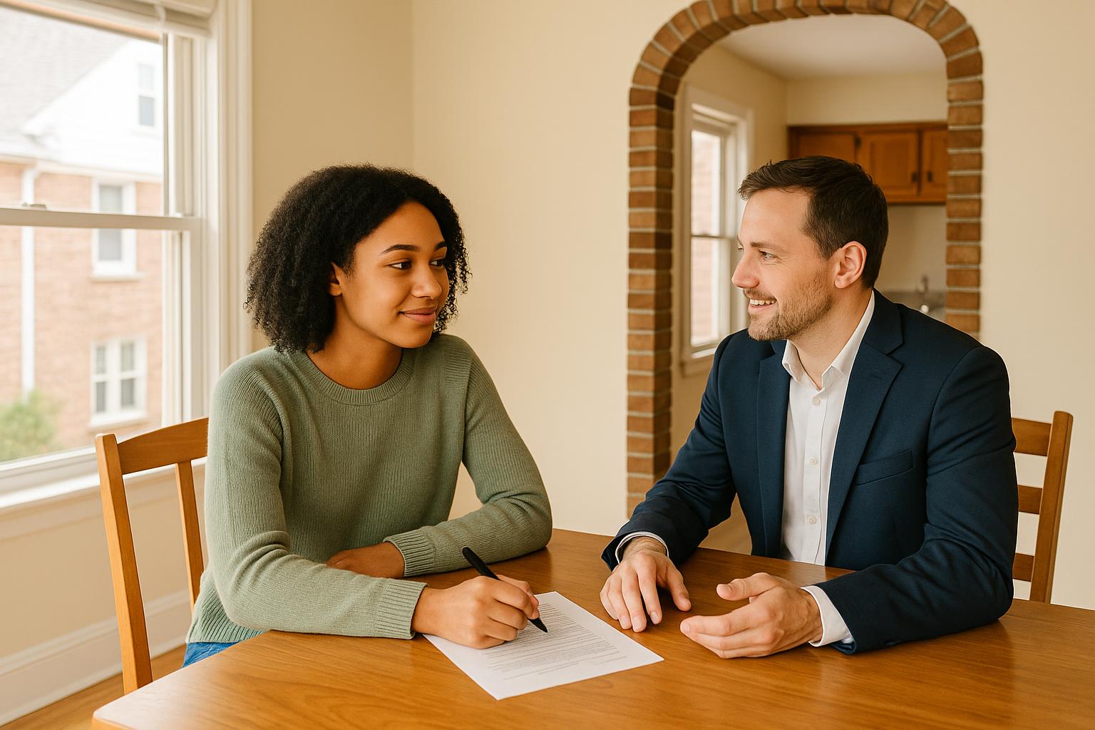First-time homebuyers and their agent doing a final walkthrough in an empty, sunlit Grand Rapids living room, checking appliances and lights.