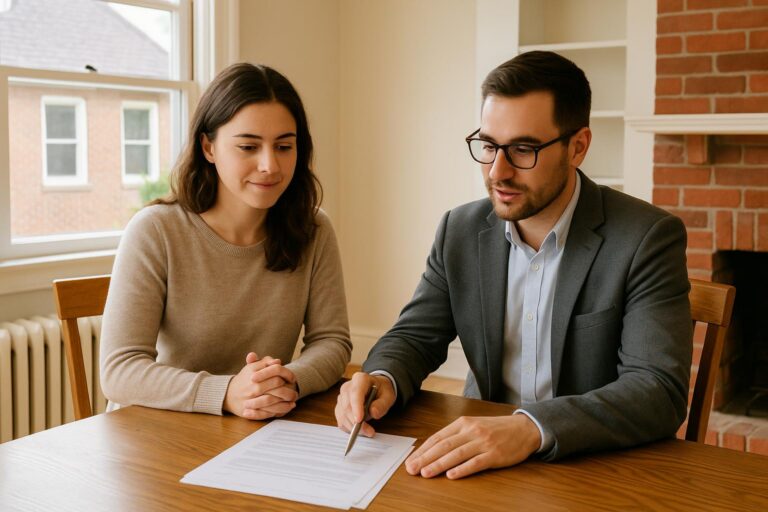 A young couple and their agent review a home offer in a bright Grand Rapids bungalow.