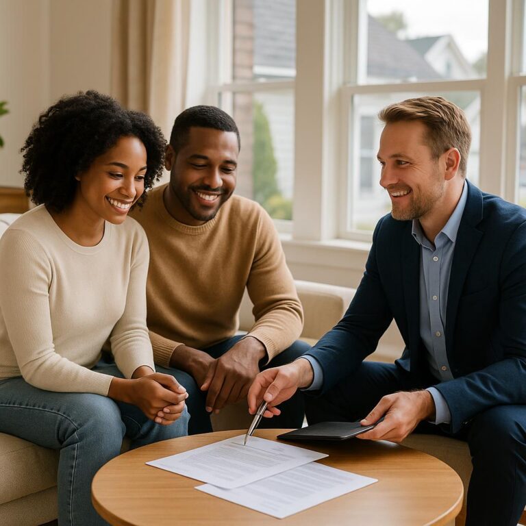 Grand Rapids homeowner and real estate agent reviewing a high home appraisal in a modern kitchen, with an appraiser in the background.