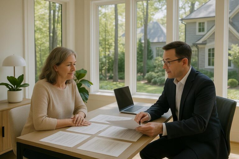 Homeowner and agent reviewing buyer financing offers in a bright Forest Hills home office.