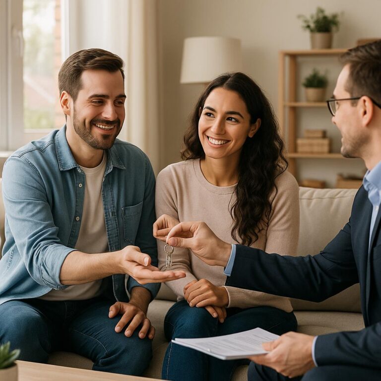 Grand Rapids homeowners and real estate agent reviewing property lien paperwork at the kitchen table