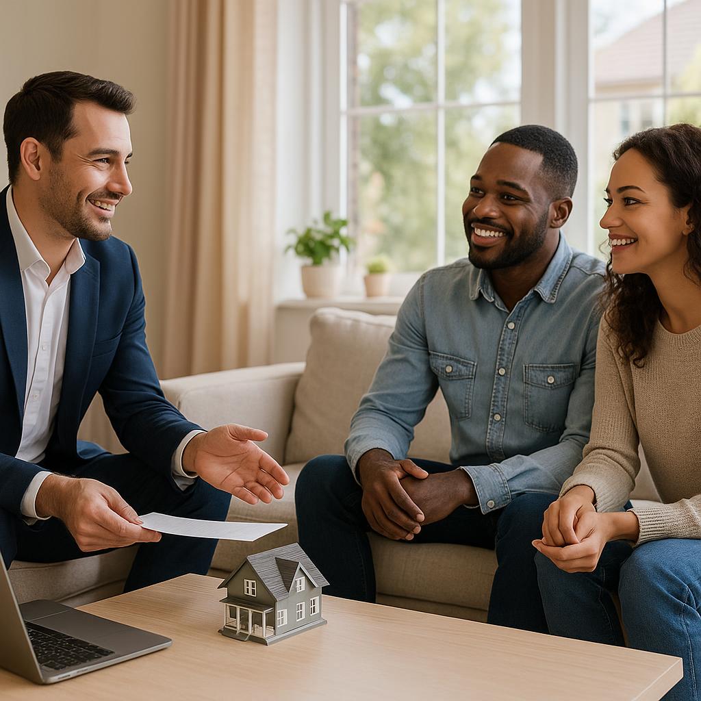 Grand Rapids seller and agent discussing early possession request in living room with moving boxes and a digital calendar