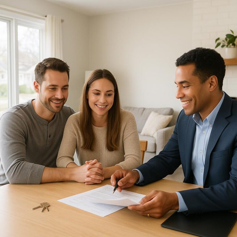 Grand Rapids homeowner and agent reviewing a canceled purchase agreement at the kitchen island, calmly discussing next steps after a buyer backs out.