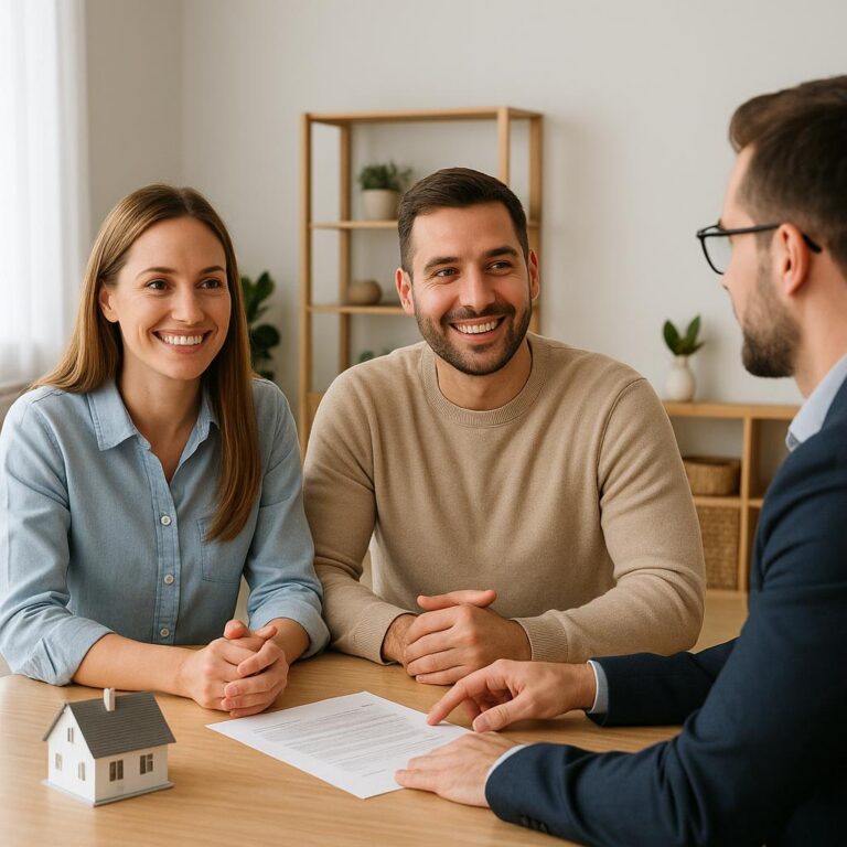 Grand Rapids homeowners packing moving boxes with their real estate agent reviewing a checklist in a well-organized living room.